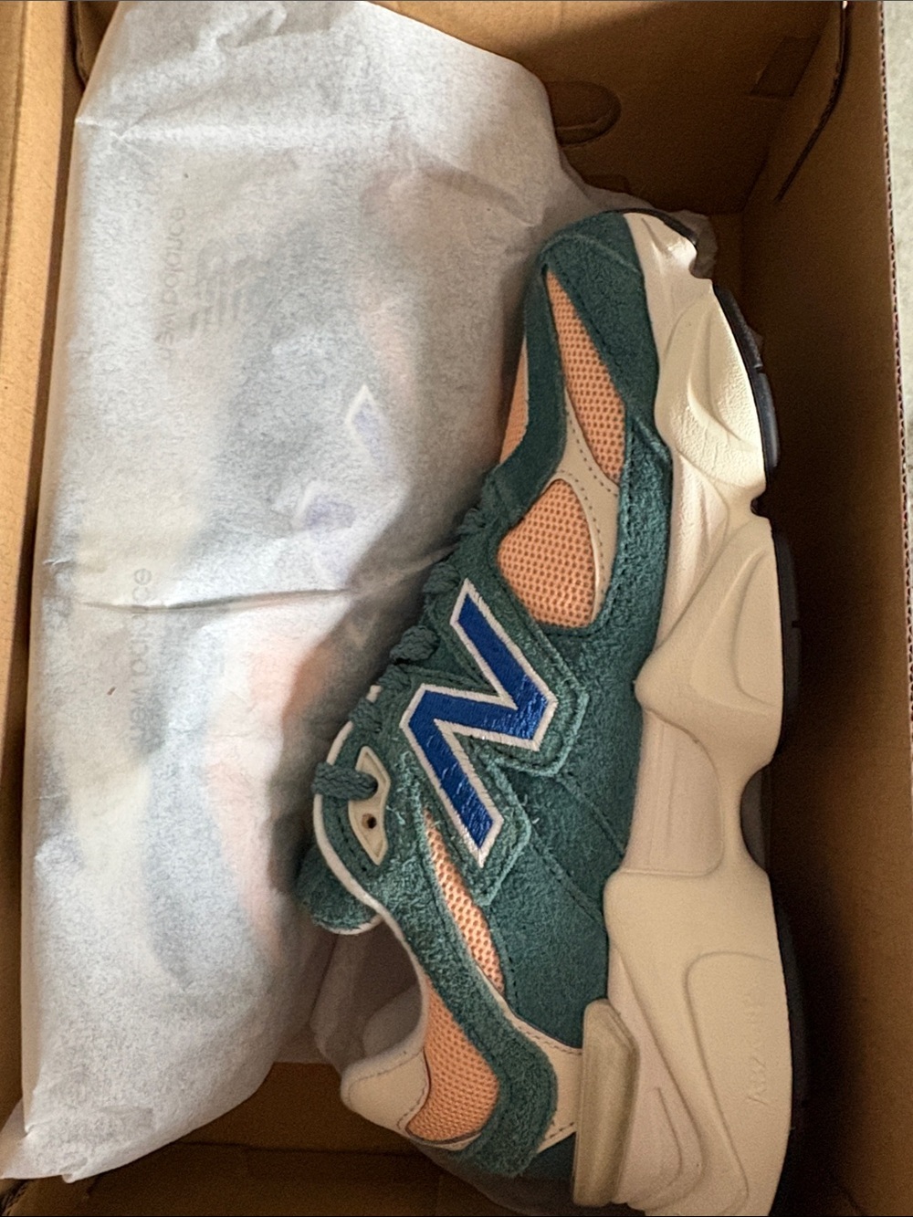 New Balance Teal Suede & Peach Mesh Sneaker with Blue Logo